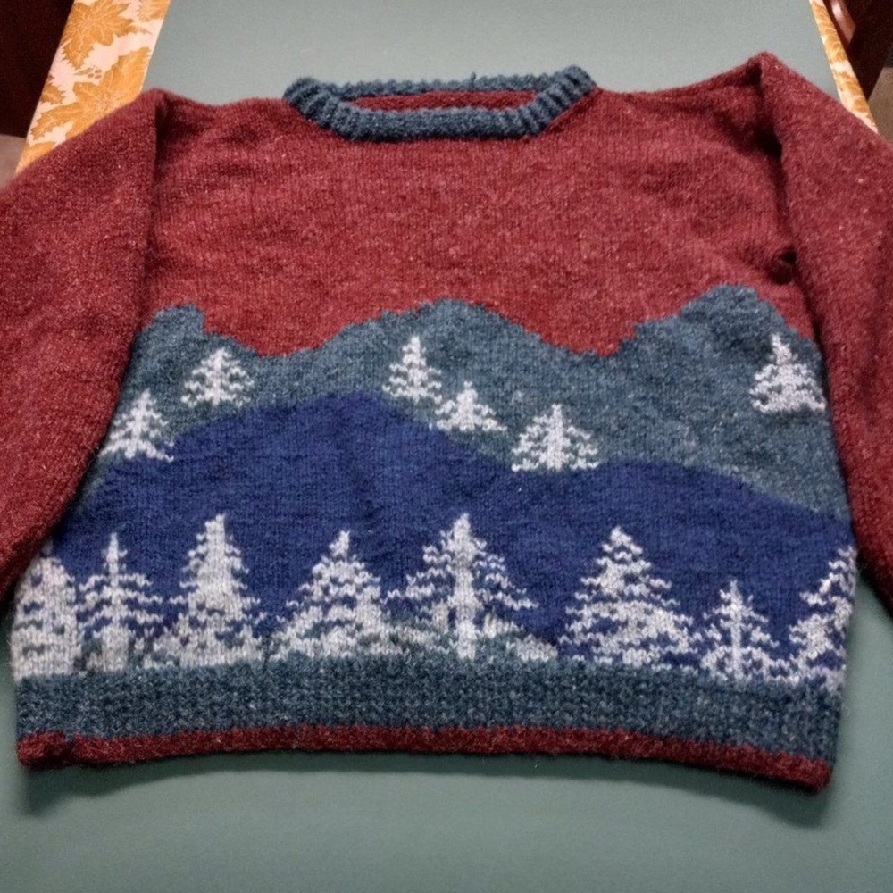 Men's Maroon and Blue Sweater with Mountain Design